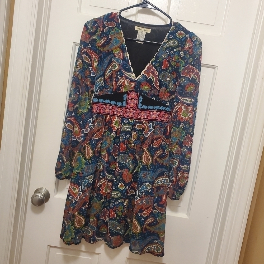 Flying Tomato Floral Paisley Print Long Sleeve Embroidered Dress Size XS